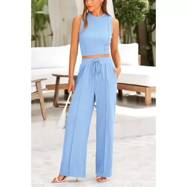 imagePRETTYGARDEN Womens Summer 2 Piece Loungewear Set Cropped Tank Top Wide Leg Sweatpants Tracksuit Casual OutfitsLight Blue