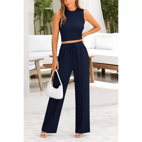 imagePRETTYGARDEN Womens Summer 2 Piece Loungewear Set Cropped Tank Top Wide Leg Sweatpants Tracksuit Casual OutfitsNavy