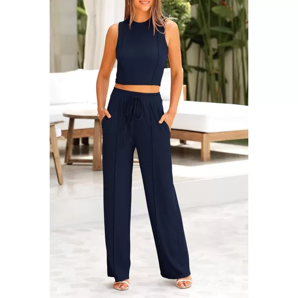 imagePRETTYGARDEN Womens Summer 2 Piece Loungewear Set Cropped Tank Top Wide Leg Sweatpants Tracksuit Casual OutfitsNavy