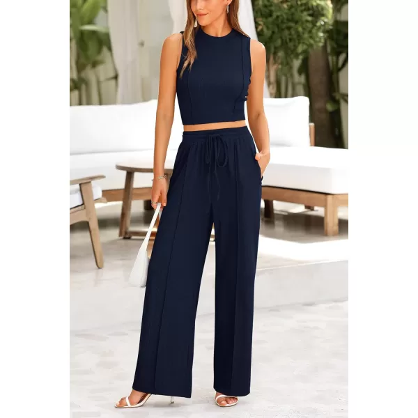 imagePRETTYGARDEN Womens Summer 2 Piece Loungewear Set Cropped Tank Top Wide Leg Sweatpants Tracksuit Casual OutfitsNavy