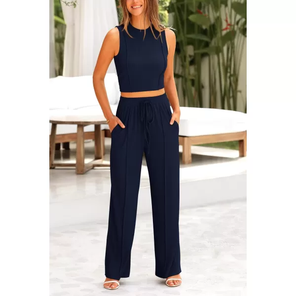 imagePRETTYGARDEN Womens Summer 2 Piece Loungewear Set Cropped Tank Top Wide Leg Sweatpants Tracksuit Casual OutfitsNavy