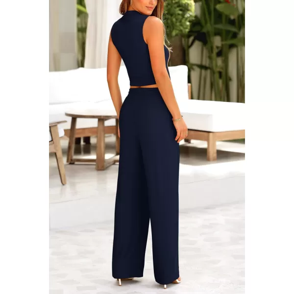 imagePRETTYGARDEN Womens Summer 2 Piece Loungewear Set Cropped Tank Top Wide Leg Sweatpants Tracksuit Casual OutfitsNavy