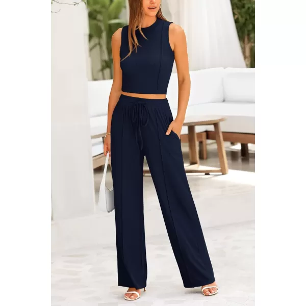 imagePRETTYGARDEN Womens Summer 2 Piece Loungewear Set Cropped Tank Top Wide Leg Sweatpants Tracksuit Casual OutfitsNavy