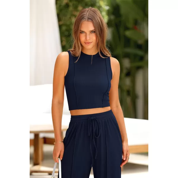 imagePRETTYGARDEN Womens Summer 2 Piece Loungewear Set Cropped Tank Top Wide Leg Sweatpants Tracksuit Casual OutfitsNavy