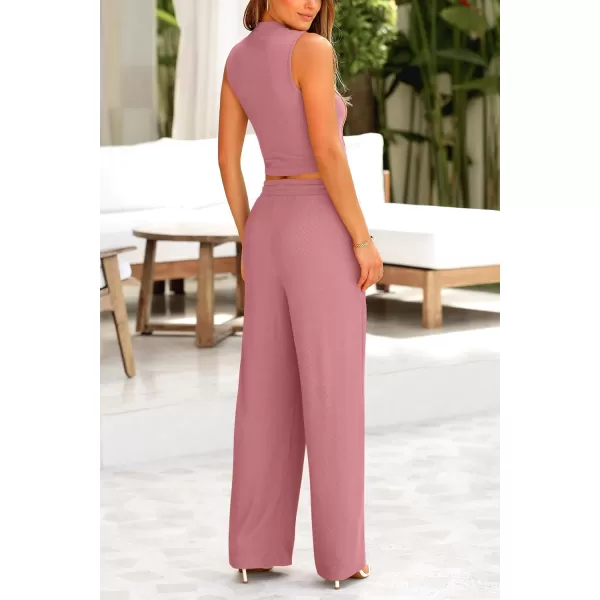 imagePRETTYGARDEN Womens Summer 2 Piece Loungewear Set Cropped Tank Top Wide Leg Sweatpants Tracksuit Casual OutfitsPink
