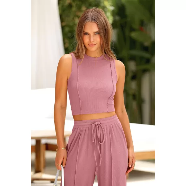 imagePRETTYGARDEN Womens Summer 2 Piece Loungewear Set Cropped Tank Top Wide Leg Sweatpants Tracksuit Casual OutfitsPink