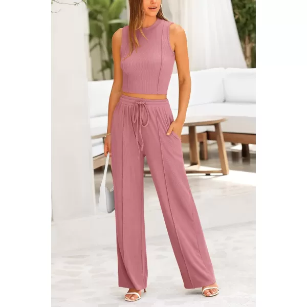 imagePRETTYGARDEN Womens Summer 2 Piece Loungewear Set Cropped Tank Top Wide Leg Sweatpants Tracksuit Casual OutfitsPink