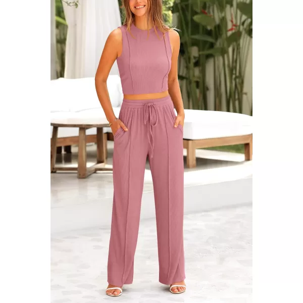 imagePRETTYGARDEN Womens Summer 2 Piece Loungewear Set Cropped Tank Top Wide Leg Sweatpants Tracksuit Casual OutfitsPink