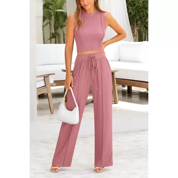 imagePRETTYGARDEN Womens Summer 2 Piece Loungewear Set Cropped Tank Top Wide Leg Sweatpants Tracksuit Casual OutfitsPink