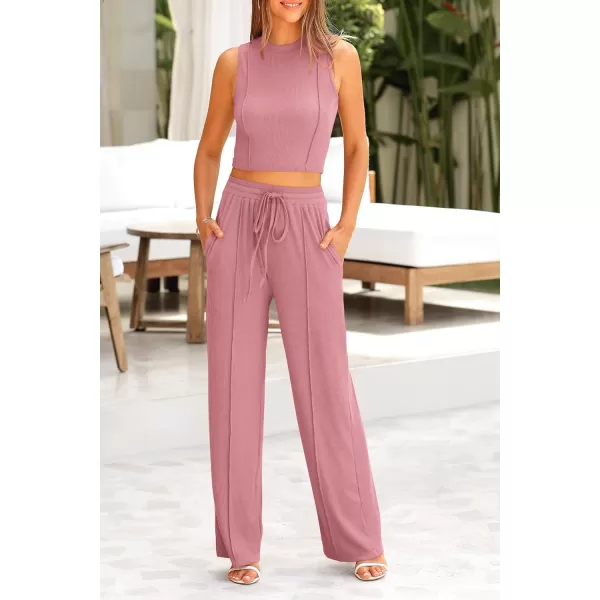 imagePRETTYGARDEN Womens Summer 2 Piece Loungewear Set Cropped Tank Top Wide Leg Sweatpants Tracksuit Casual OutfitsPink