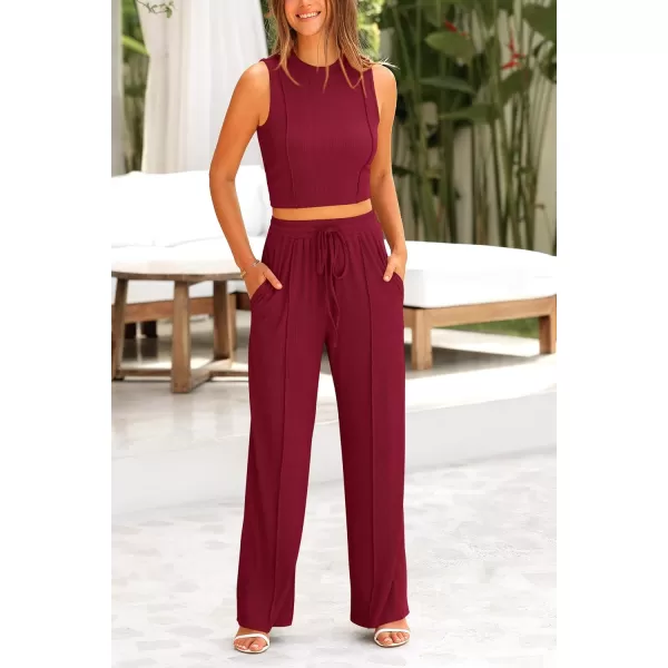 imagePRETTYGARDEN Womens Summer 2 Piece Loungewear Set Cropped Tank Top Wide Leg Sweatpants Tracksuit Casual OutfitsWine Red