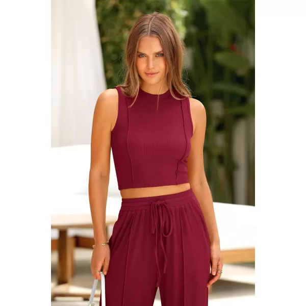 imagePRETTYGARDEN Womens Summer 2 Piece Loungewear Set Cropped Tank Top Wide Leg Sweatpants Tracksuit Casual OutfitsWine Red