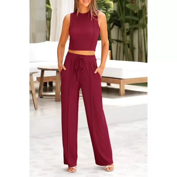 imagePRETTYGARDEN Womens Summer 2 Piece Loungewear Set Cropped Tank Top Wide Leg Sweatpants Tracksuit Casual OutfitsWine Red