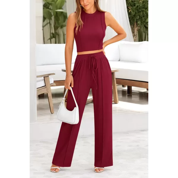 imagePRETTYGARDEN Womens Summer 2 Piece Loungewear Set Cropped Tank Top Wide Leg Sweatpants Tracksuit Casual OutfitsWine Red