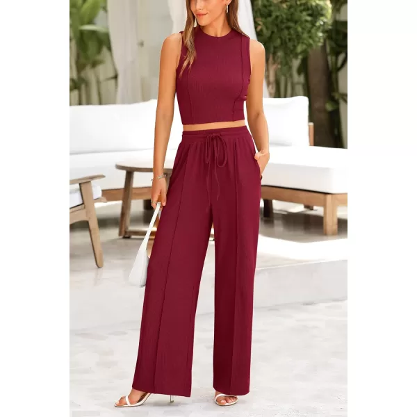 imagePRETTYGARDEN Womens Summer 2 Piece Loungewear Set Cropped Tank Top Wide Leg Sweatpants Tracksuit Casual OutfitsWine Red