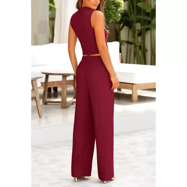 imagePRETTYGARDEN Womens Summer 2 Piece Loungewear Set Cropped Tank Top Wide Leg Sweatpants Tracksuit Casual OutfitsWine Red