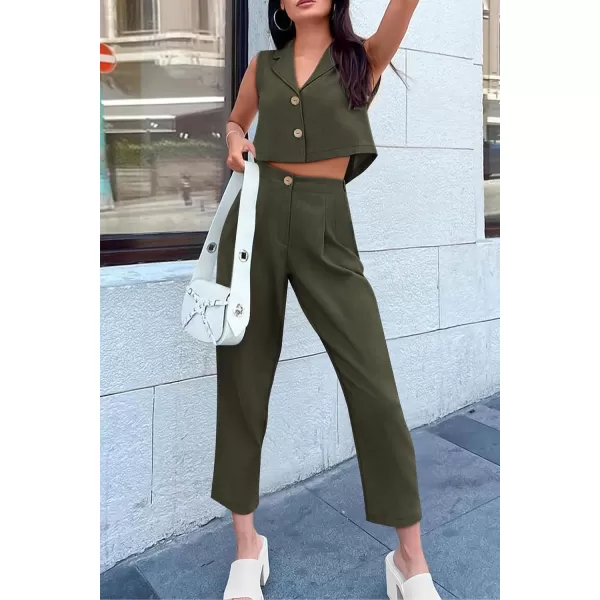 imagePRETTYGARDEN Womens Summer 2 Piece Outfit Casual Button V Neck Cropped Vest Tops High Waisted Pants Suit SetArmy Green