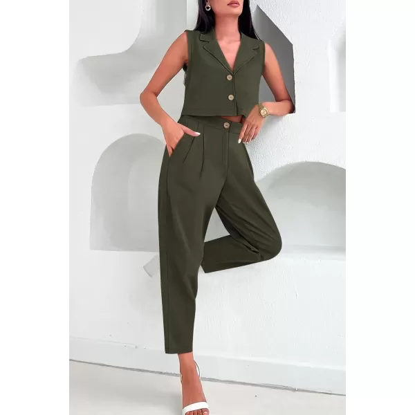 imagePRETTYGARDEN Womens Summer 2 Piece Outfit Casual Button V Neck Cropped Vest Tops High Waisted Pants Suit SetArmy Green