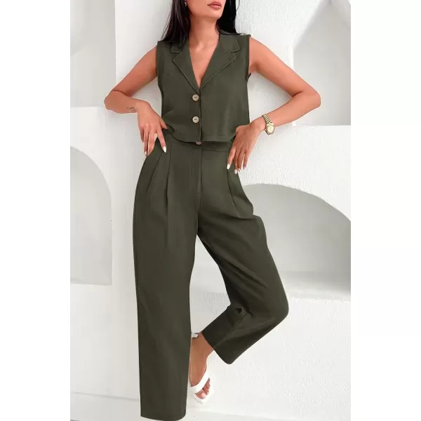 imagePRETTYGARDEN Womens Summer 2 Piece Outfit Casual Button V Neck Cropped Vest Tops High Waisted Pants Suit SetArmy Green
