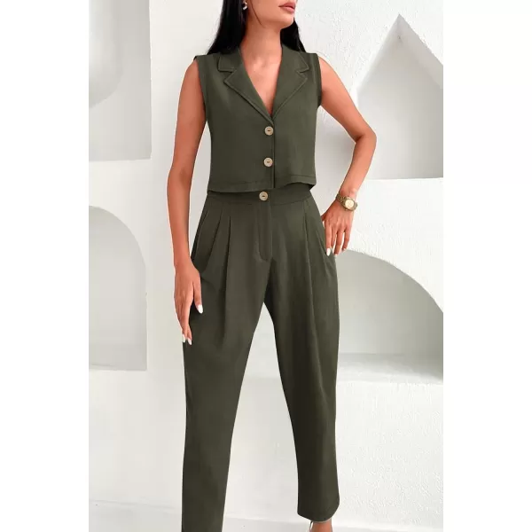 imagePRETTYGARDEN Womens Summer 2 Piece Outfit Casual Button V Neck Cropped Vest Tops High Waisted Pants Suit SetArmy Green