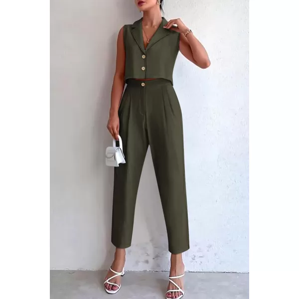 imagePRETTYGARDEN Womens Summer 2 Piece Outfit Casual Button V Neck Cropped Vest Tops High Waisted Pants Suit SetArmy Green
