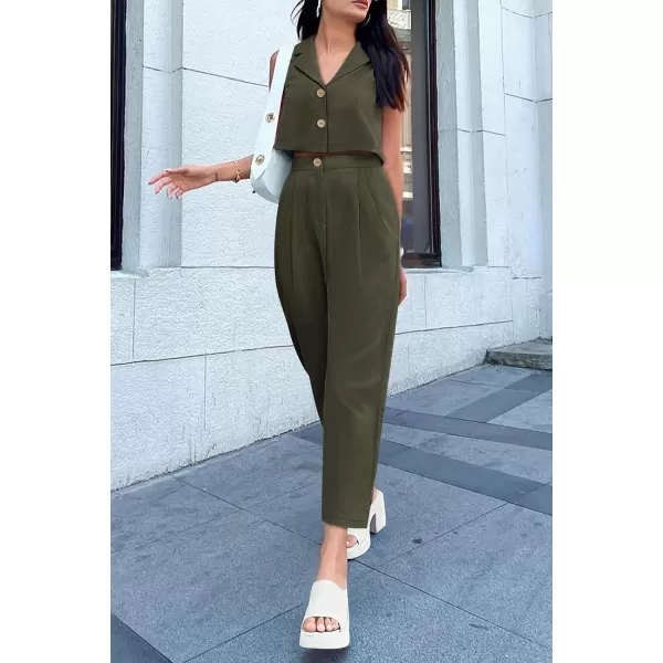 imagePRETTYGARDEN Womens Summer 2 Piece Outfit Casual Button V Neck Cropped Vest Tops High Waisted Pants Suit SetArmy Green
