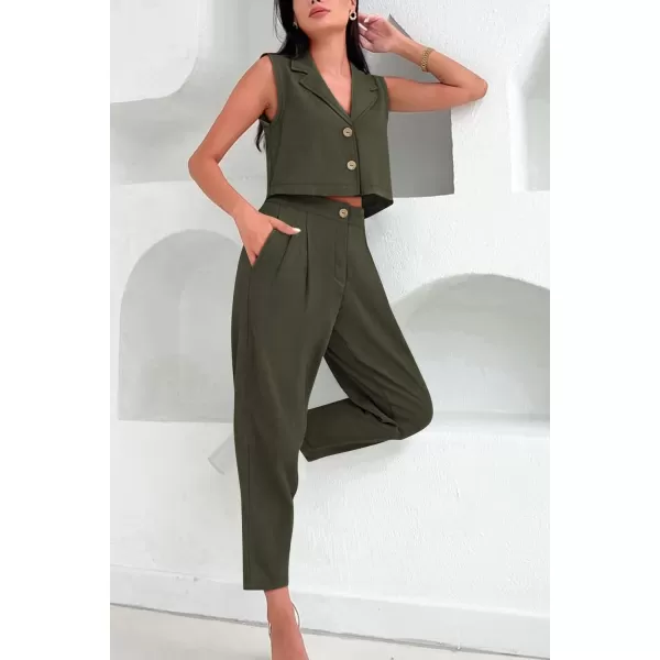 imagePRETTYGARDEN Womens Summer 2 Piece Outfit Casual Button V Neck Cropped Vest Tops High Waisted Pants Suit SetArmy Green