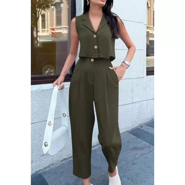 imagePRETTYGARDEN Womens Summer 2 Piece Outfit Casual Button V Neck Cropped Vest Tops High Waisted Pants Suit SetArmy Green
