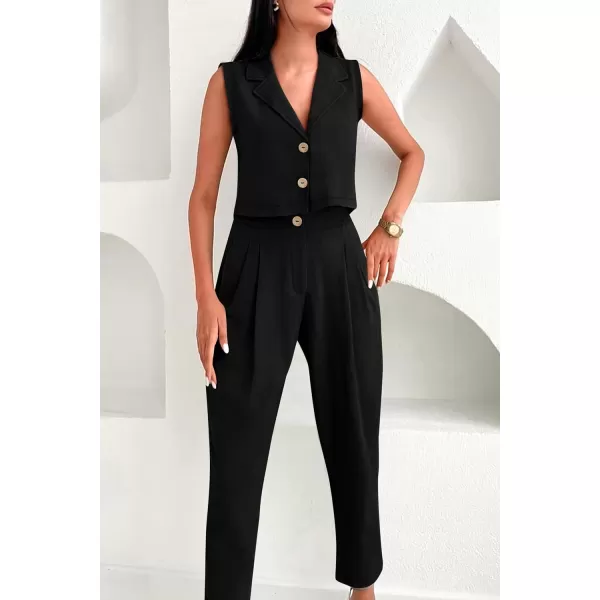 imagePRETTYGARDEN Womens Summer 2 Piece Outfit Casual Button V Neck Cropped Vest Tops High Waisted Pants Suit SetBlack