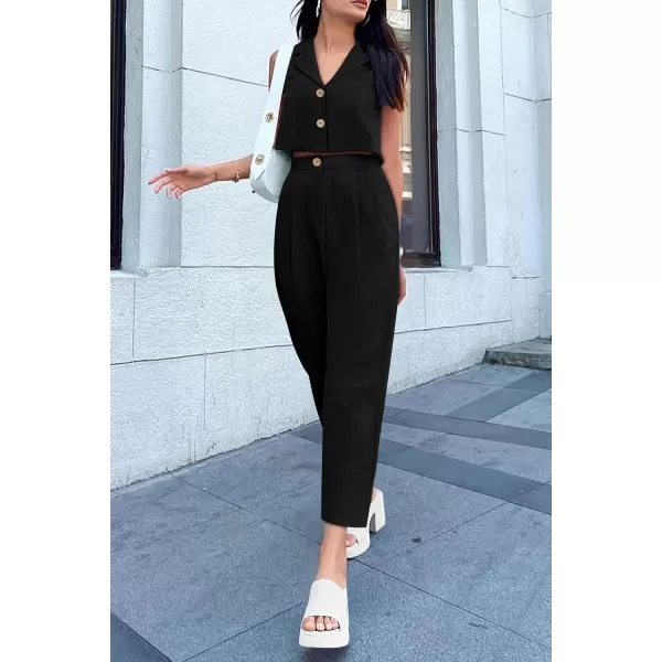 imagePRETTYGARDEN Womens Summer 2 Piece Outfit Casual Button V Neck Cropped Vest Tops High Waisted Pants Suit SetBlack