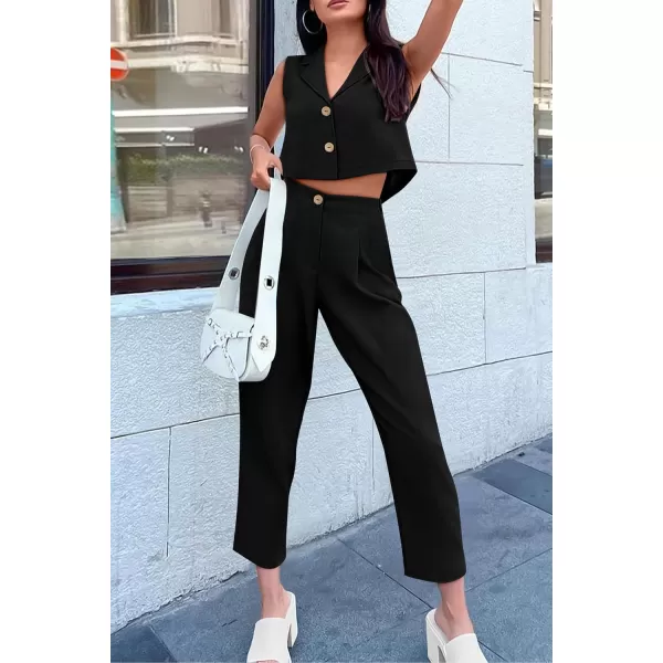 imagePRETTYGARDEN Womens Summer 2 Piece Outfit Casual Button V Neck Cropped Vest Tops High Waisted Pants Suit SetBlack