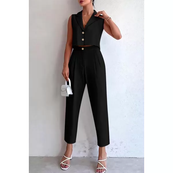 imagePRETTYGARDEN Womens Summer 2 Piece Outfit Casual Button V Neck Cropped Vest Tops High Waisted Pants Suit SetBlack