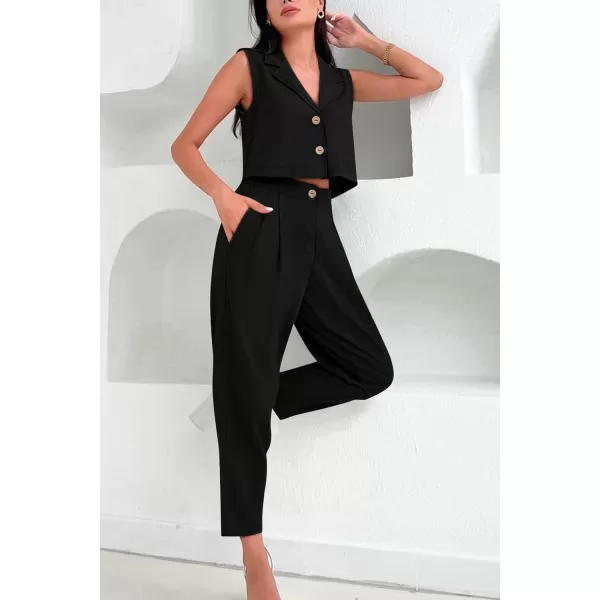 imagePRETTYGARDEN Womens Summer 2 Piece Outfit Casual Button V Neck Cropped Vest Tops High Waisted Pants Suit SetBlack