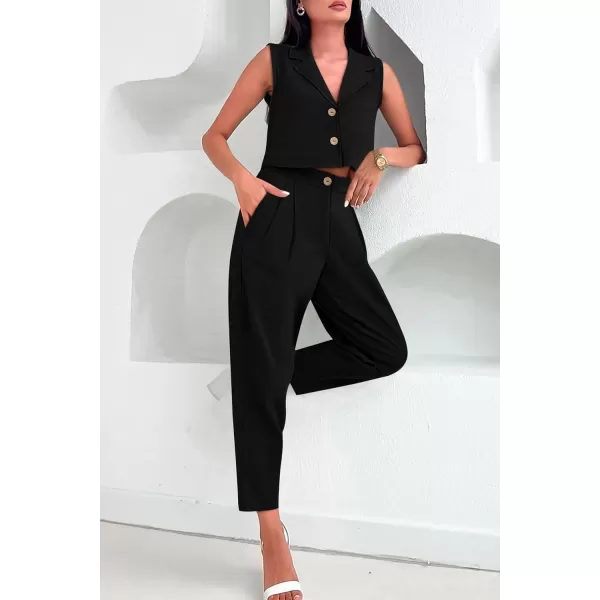 imagePRETTYGARDEN Womens Summer 2 Piece Outfit Casual Button V Neck Cropped Vest Tops High Waisted Pants Suit SetBlack