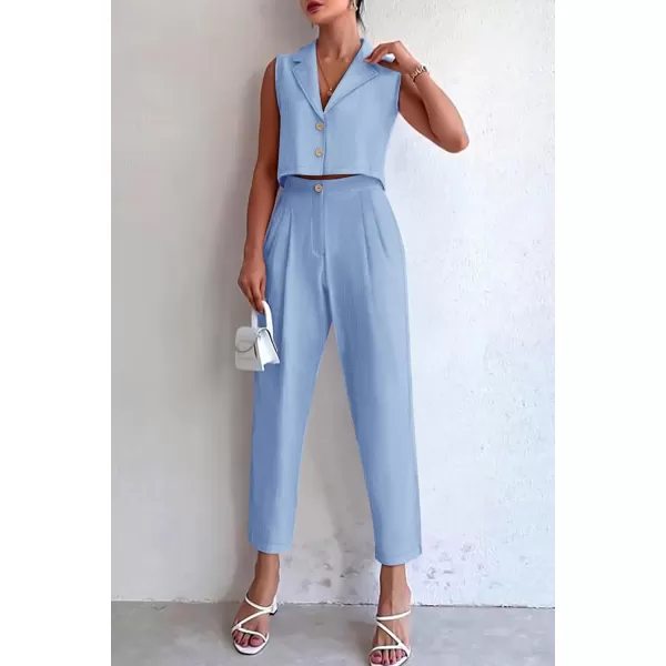 imagePRETTYGARDEN Womens Summer 2 Piece Outfit Casual Button V Neck Cropped Vest Tops High Waisted Pants Suit SetBlue