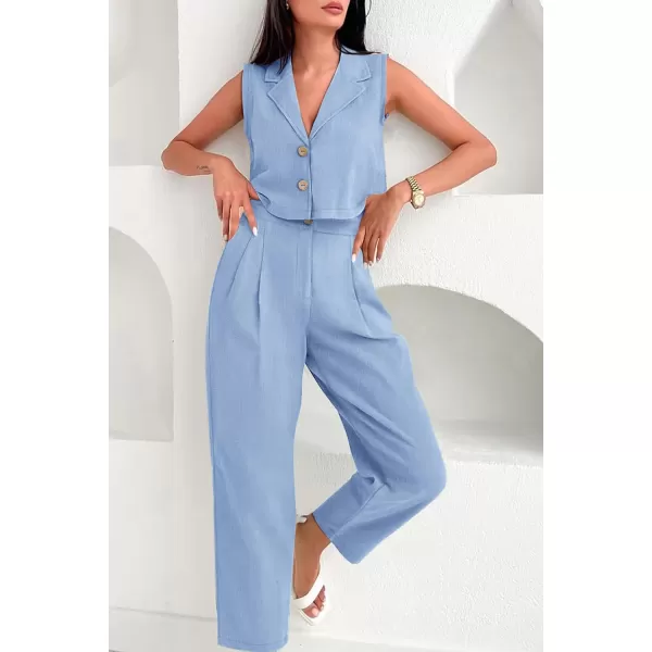 imagePRETTYGARDEN Womens Summer 2 Piece Outfit Casual Button V Neck Cropped Vest Tops High Waisted Pants Suit SetBlue