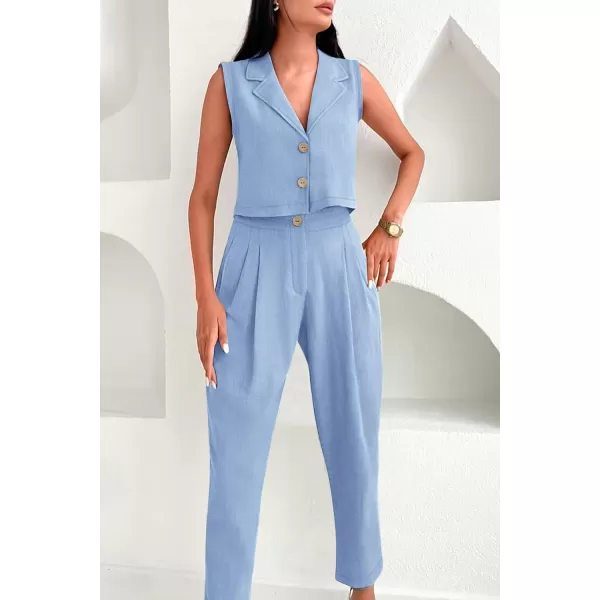 imagePRETTYGARDEN Womens Summer 2 Piece Outfit Casual Button V Neck Cropped Vest Tops High Waisted Pants Suit SetBlue