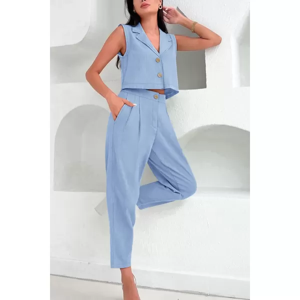 imagePRETTYGARDEN Womens Summer 2 Piece Outfit Casual Button V Neck Cropped Vest Tops High Waisted Pants Suit SetBlue