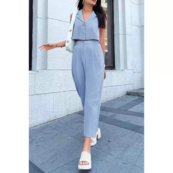 imagePRETTYGARDEN Womens Summer 2 Piece Outfit Casual Button V Neck Cropped Vest Tops High Waisted Pants Suit SetBlue
