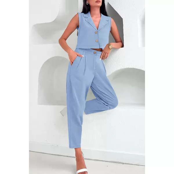 imagePRETTYGARDEN Womens Summer 2 Piece Outfit Casual Button V Neck Cropped Vest Tops High Waisted Pants Suit SetBlue
