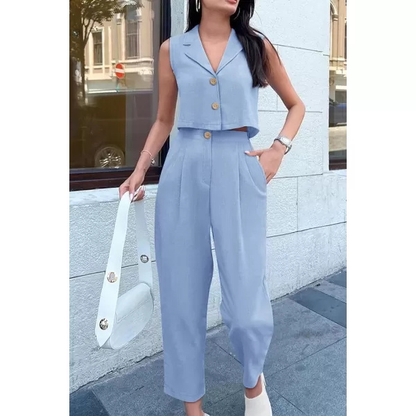imagePRETTYGARDEN Womens Summer 2 Piece Outfit Casual Button V Neck Cropped Vest Tops High Waisted Pants Suit SetBlue