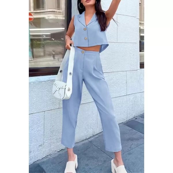 imagePRETTYGARDEN Womens Summer 2 Piece Outfit Casual Button V Neck Cropped Vest Tops High Waisted Pants Suit SetBlue