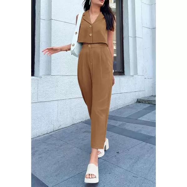 imagePRETTYGARDEN Womens Summer 2 Piece Outfit Casual Button V Neck Cropped Vest Tops High Waisted Pants Suit SetBrown