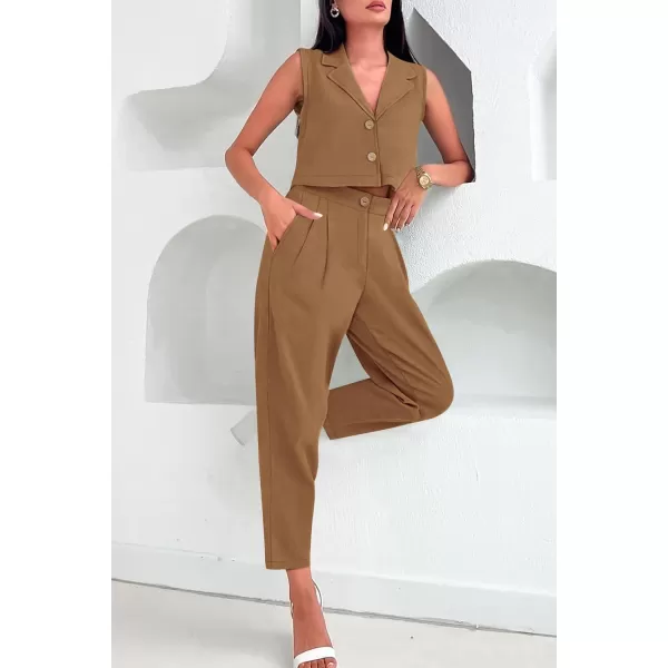 imagePRETTYGARDEN Womens Summer 2 Piece Outfit Casual Button V Neck Cropped Vest Tops High Waisted Pants Suit SetBrown
