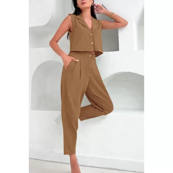 imagePRETTYGARDEN Womens Summer 2 Piece Outfit Casual Button V Neck Cropped Vest Tops High Waisted Pants Suit SetBrown