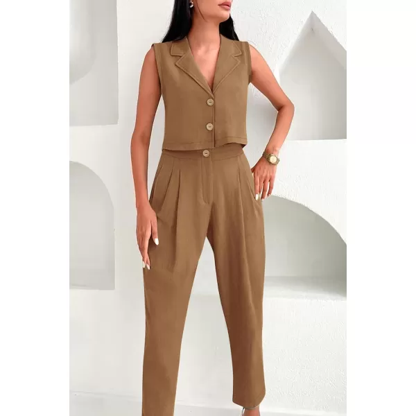 imagePRETTYGARDEN Womens Summer 2 Piece Outfit Casual Button V Neck Cropped Vest Tops High Waisted Pants Suit SetBrown