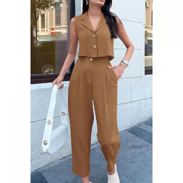 imagePRETTYGARDEN Womens Summer 2 Piece Outfit Casual Button V Neck Cropped Vest Tops High Waisted Pants Suit SetBrown