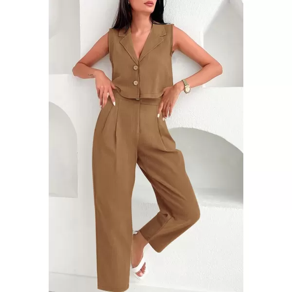imagePRETTYGARDEN Womens Summer 2 Piece Outfit Casual Button V Neck Cropped Vest Tops High Waisted Pants Suit SetBrown