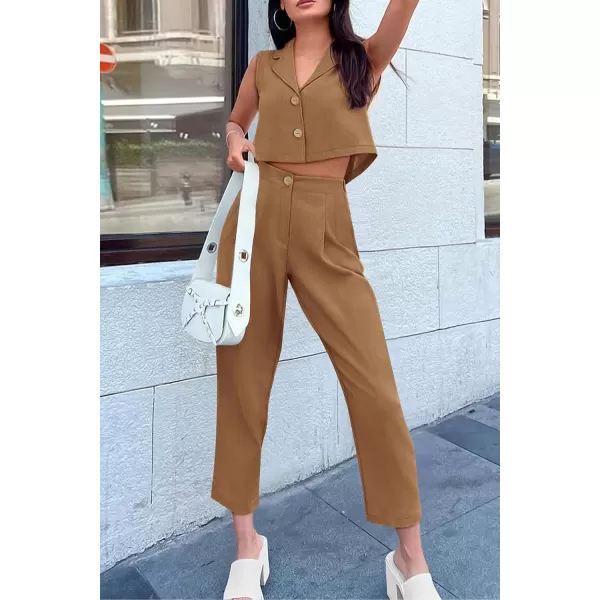 imagePRETTYGARDEN Womens Summer 2 Piece Outfit Casual Button V Neck Cropped Vest Tops High Waisted Pants Suit SetBrown