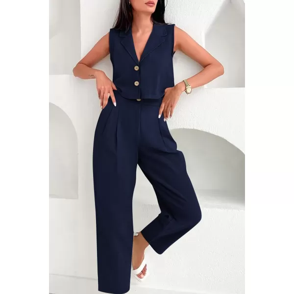 imagePRETTYGARDEN Womens Summer 2 Piece Outfit Casual Button V Neck Cropped Vest Tops High Waisted Pants Suit SetDark Blue